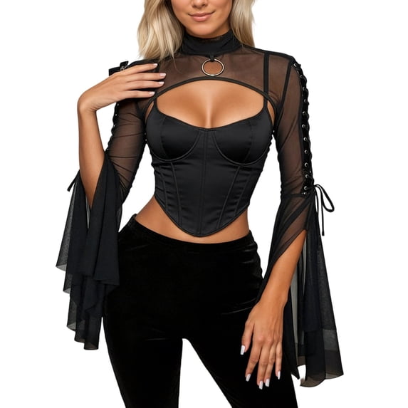 EYNMVR Women Goth Crop Tops Gothic Punk Fishnet Cover Up Bell Sleeve Shawl Mesh Bolero Shrug Cardigan