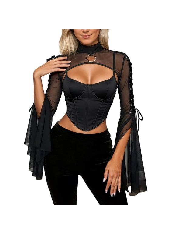 Women Goth Crop Tops Gothic Punk Fishnet Cover Up Bell Sleeve Shawl Mesh Bolero Shrug Cardigan