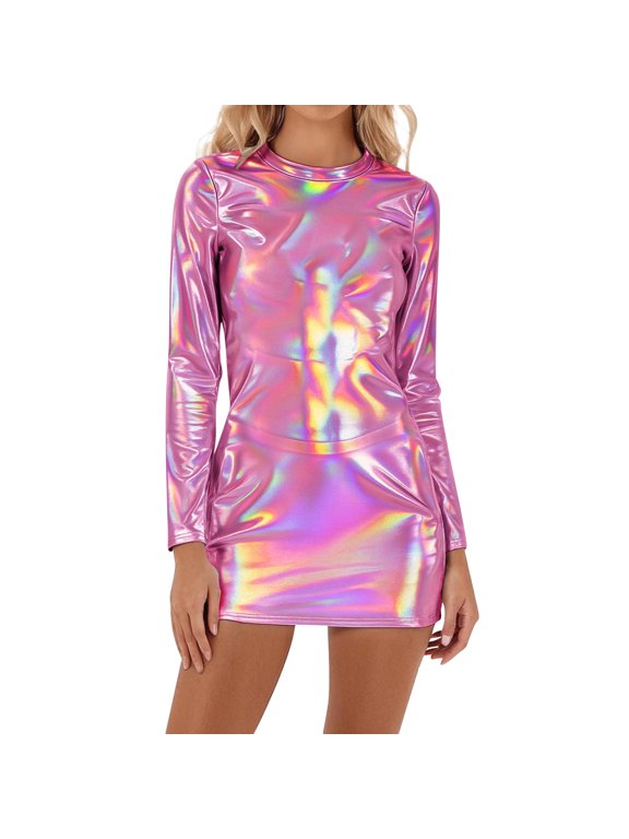 Women Leather Dress Wet Look Long Sleeve Sexy Birthday Dresses Latex Metallic Dress Party Club Outfits