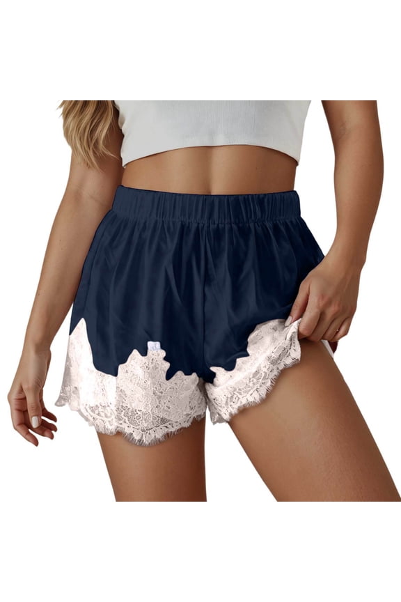 Women Satin Silk Shorts Lace Trim Patchwork Mini Micro Shorts Silky Low Rise Coquette Lounge Bottoms