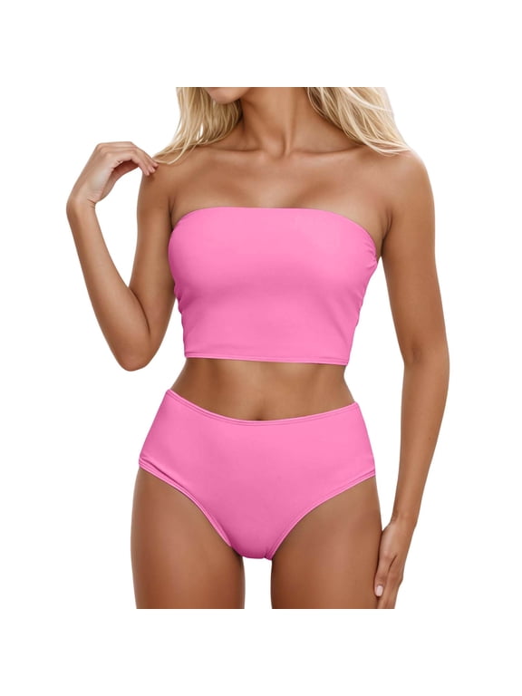 Women's Bandeau Bikini Sets Removable Straps Lace Up Swimsuits High Waisted Two Piece Bathing Suits