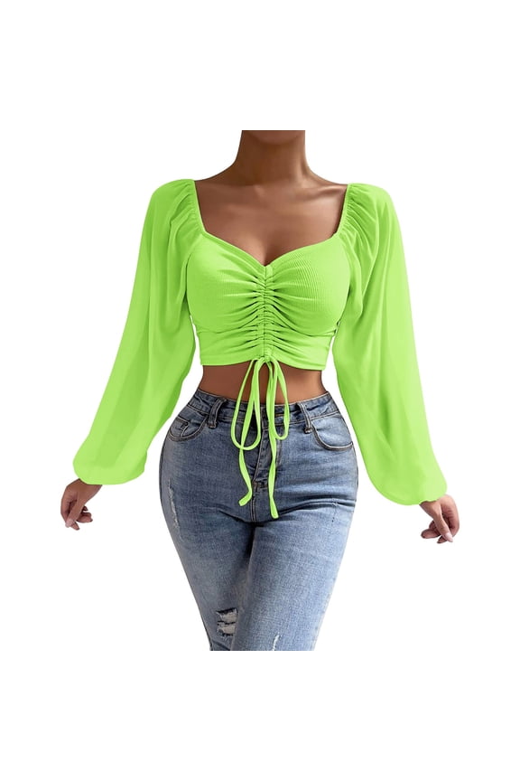 Women's Drawstring V Neck Ruched Lantern Long Sleeve Tie Back Crop Top Blouse