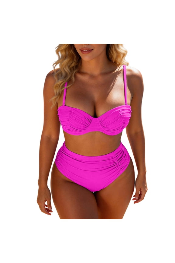 Women's High Waisted Underwire Push Up Bikini Sets, 2 Piece Tummy Control Swimsuit, Full Coverage Bathing Suits