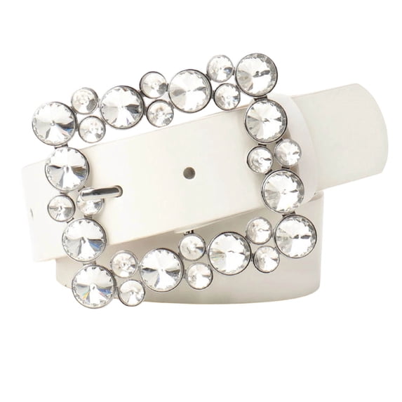 EYNMVR Women's Leather Belt with Big Rhinestone Square Buckle for Jeans, Dresses, Pants