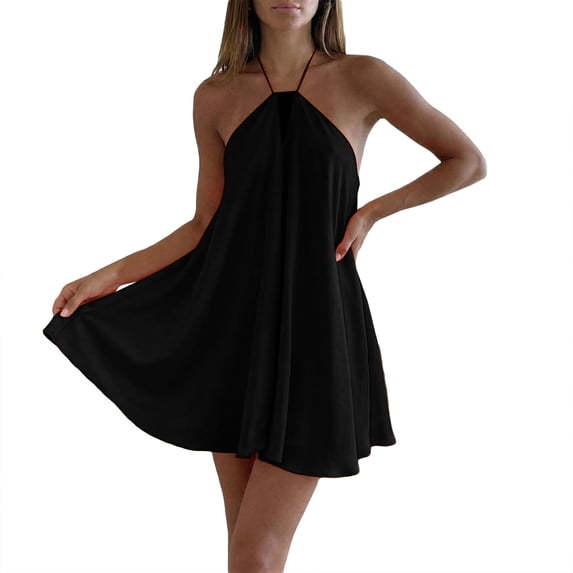 EYNMVR Women's Mini Dress Halter Neck Sleeveless Tie Backless Swing Flowy Beach Dresses Summer Vacation Clothes