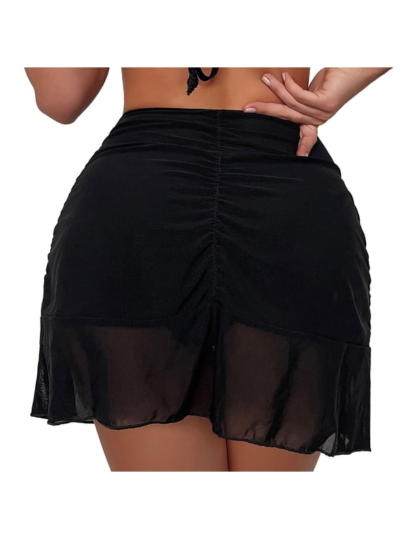 Women's Ruched Mesh Bikini Swimsuit Bottoms High Waisted Sheer Short Swim Skirt