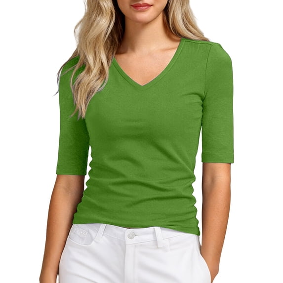 EYNMVR Women's V Neck T Shirts Slim Fitted Half Sleeve Tops Basic Tees