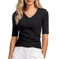 thumbnail image 1 of EYNMVR Women's V Neck T Shirts Slim Fitted Half Sleeve Tops Basic Tees, 1 of 4