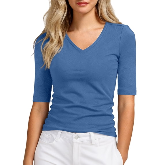 EYNMVR Women's V Neck T Shirts Slim Fitted Half Sleeve Tops Basic Tees