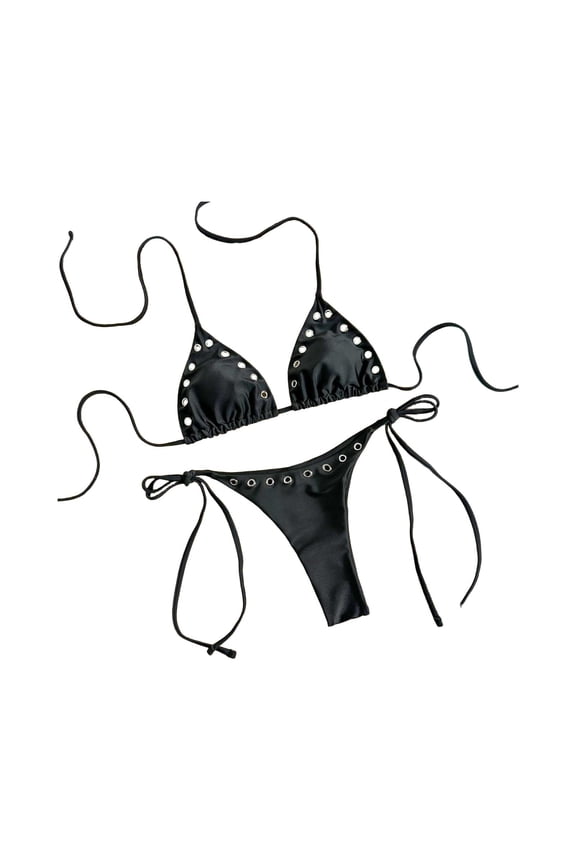 Womens 2 Piece Bikini Sets Grommet Eyelet String Thong Bathing Suit High Cut Triangle Micro Cheeky Swimsuits