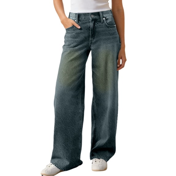 EYNMVR Womens Barrel Jeans Wide Leg Boyfriend Denim Pants Hop Vintage Baggy Jeans Cotton Mid-Low Elastic Waist Pants