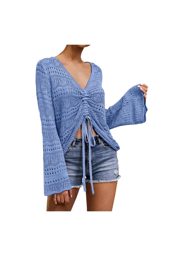 Womens Boho Off Shoulder Sheer Crop Tops Bell Sleeve Flowy Oversized Crochet Ruched Pullover Sweaters