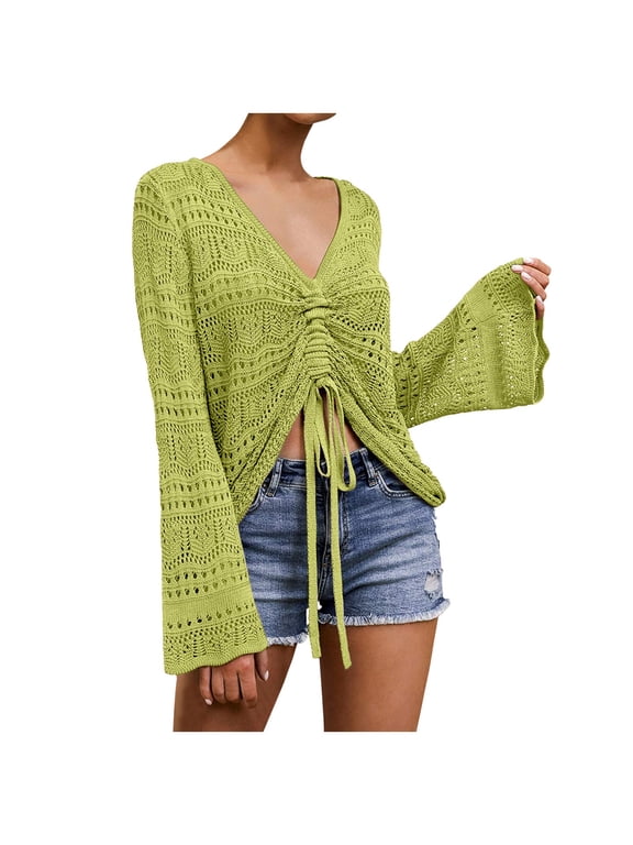 Womens Boho Off Shoulder Sheer Crop Tops Bell Sleeve Flowy Oversized Crochet Ruched Pullover Sweaters