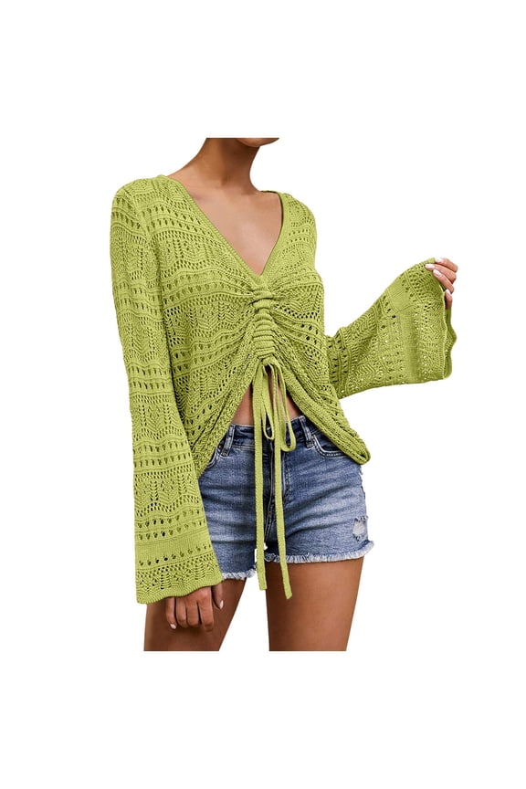 Womens Boho Off Shoulder Sheer Crop Tops Bell Sleeve Flowy Oversized Crochet Ruched Pullover Sweaters