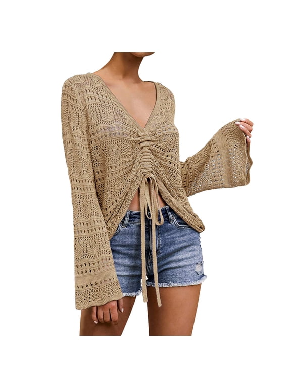 Womens Boho Off Shoulder Sheer Crop Tops Bell Sleeve Flowy Oversized Crochet Ruched Pullover Sweaters