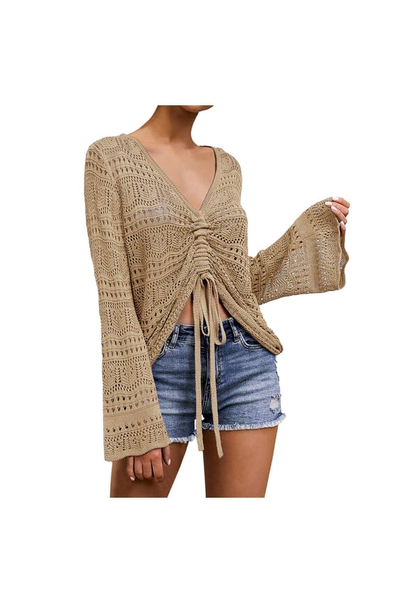Womens Boho Off Shoulder Sheer Crop Tops Bell Sleeve Flowy Oversized Crochet Ruched Pullover Sweaters