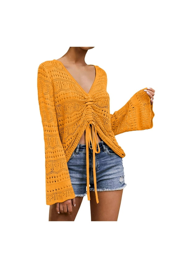 Womens Boho Off Shoulder Sheer Crop Tops Bell Sleeve Flowy Oversized Crochet Ruched Pullover Sweaters