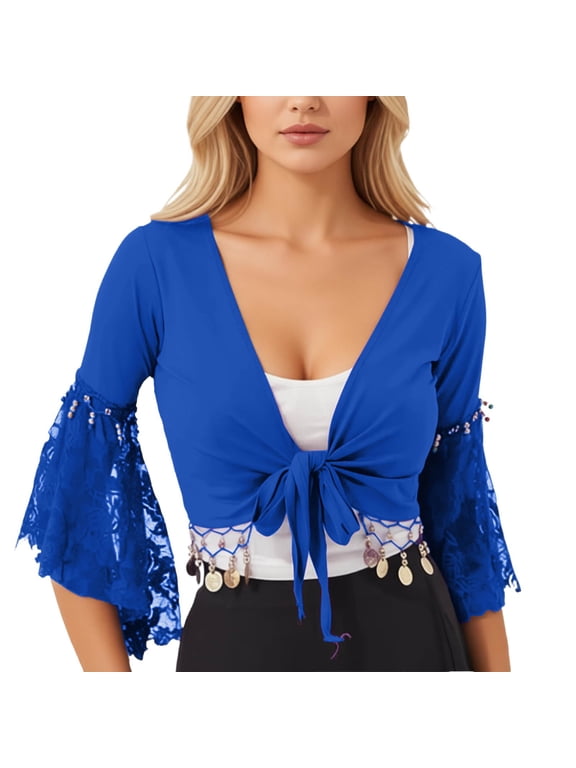 Womens Flair Wrap Tie Top Chiffon Choli Blouse Belly Dance Gypsy Bolero Shrugs Cardigan