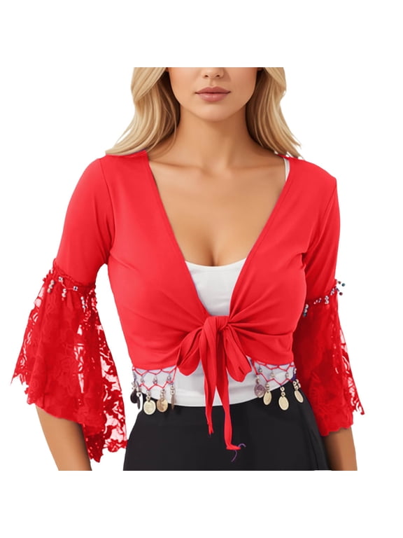 Womens Flair Wrap Tie Top Chiffon Choli Blouse Belly Dance Gypsy Bolero Shrugs Cardigan