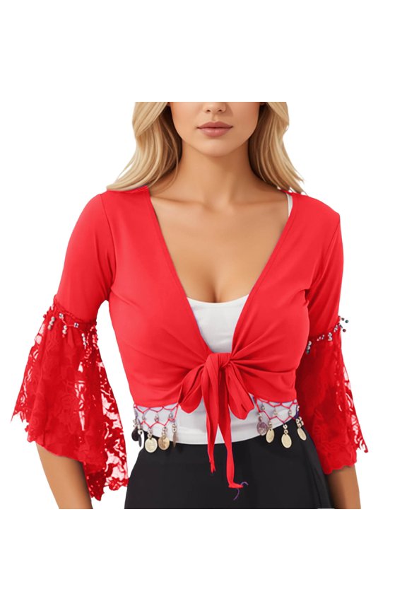 Womens Flair Wrap Tie Top Chiffon Choli Blouse Belly Dance Gypsy Bolero Shrugs Cardigan