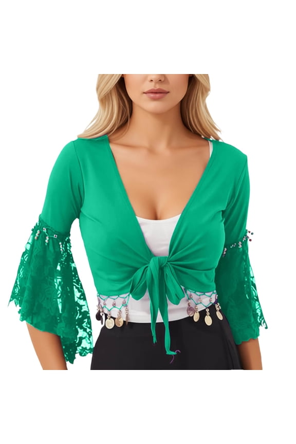 Womens Flair Wrap Tie Top Chiffon Choli Blouse Belly Dance Gypsy Bolero Shrugs Cardigan