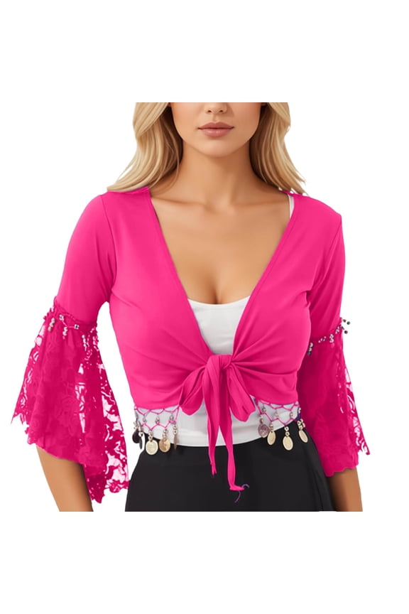 Womens Flair Wrap Tie Top Chiffon Choli Blouse Belly Dance Gypsy Bolero Shrugs Cardigan