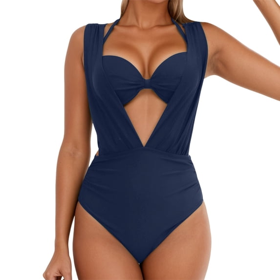 EYNMVR Womens Halter 2 Piece Push Up Swimsuit High Waisted Tummy Control High Cut Bikini Ruched Suspenders