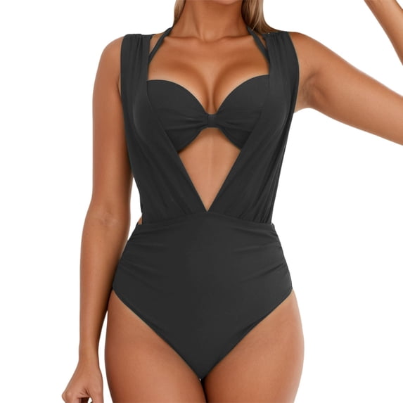 EYNMVR Womens Halter 2 Piece Push Up Swimsuit High Waisted Tummy Control High Cut Bikini Ruched Suspenders
