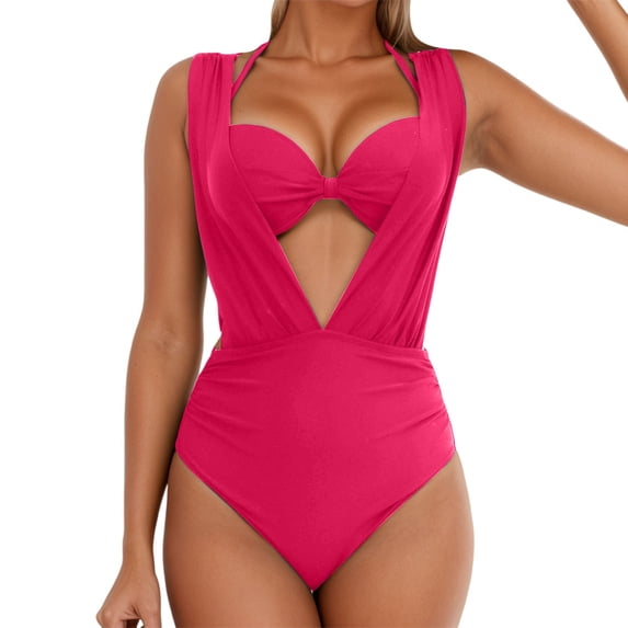 EYNMVR Womens Halter 2 Piece Push Up Swimsuit High Waisted Tummy Control High Cut Bikini Ruched Suspenders