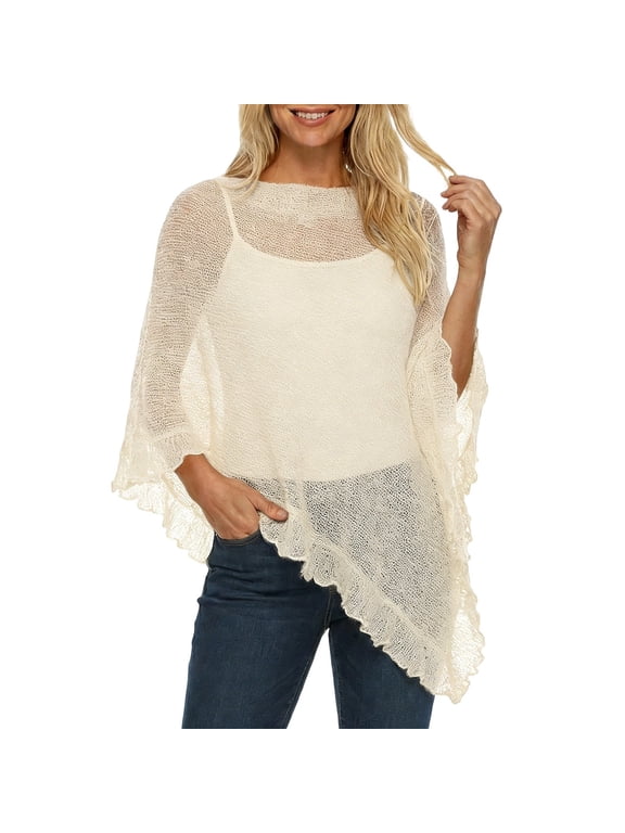 Womens Sheer Poncho Shrug Lightweight Knit Ruffle Pullover Sweater Top