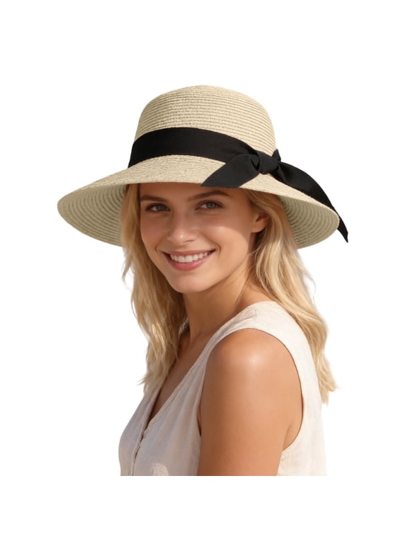 Womens Straw Hat,Wide Brim Sun Protection Beach Hats,UPF 50+ Floppy Summer Hat for Small Heads
