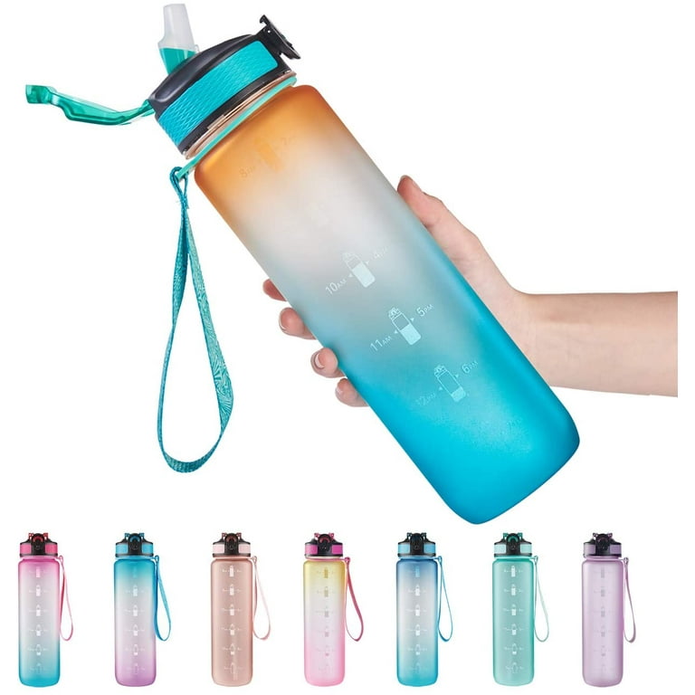 New 32 oz Clear Sports Water Bottle, Best for Measuring H2O Intake, Tritan BPA Free, Time Tracker w/Goal Timer, Non-Toxic, Top Plastic Product 