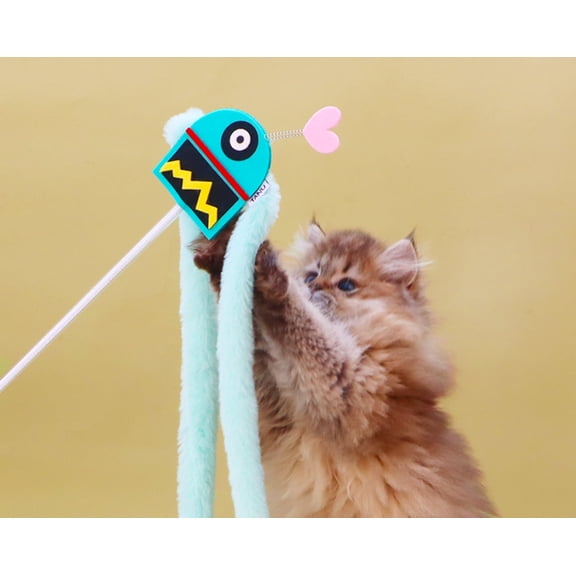 2 Set Elassy Handmade RoboWhisk Teaser Wand Cat Toy with Plush Tails, Bells, Heart Topper