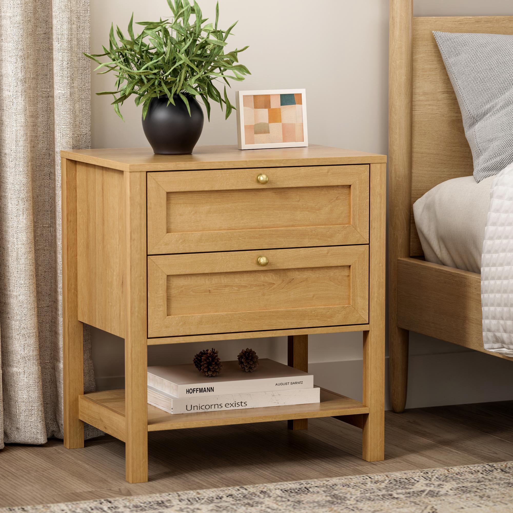 EYYTHUNG Large Nightstand with 2 Drawers, Large Farmhouse Wood Bedside Table with Open Shelf, 22" Wide Tall End Table for Sofa, Bedroom, Natural Oak