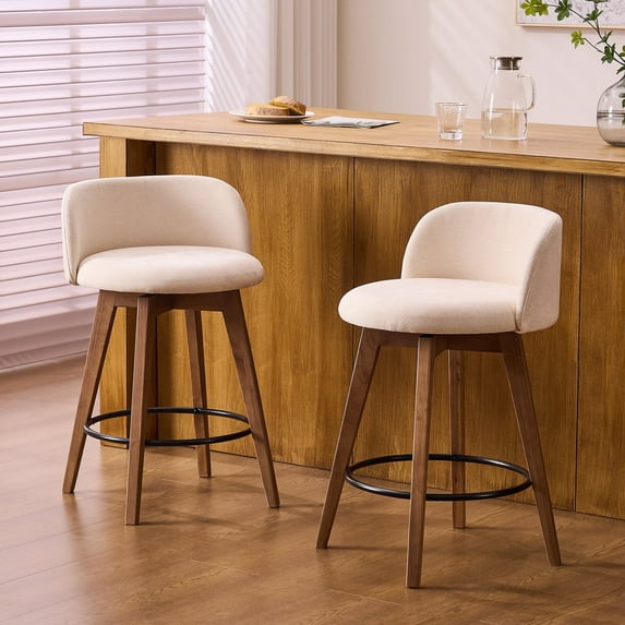 EYYTHUNG 26" Counter Height Bar Stools Set of 2 Mid Century Modern Farmhouse Swivel Barstools Chenille Fabric Upholstered Bar Height Island Chairs with Curved Backrest, Brown/Beige