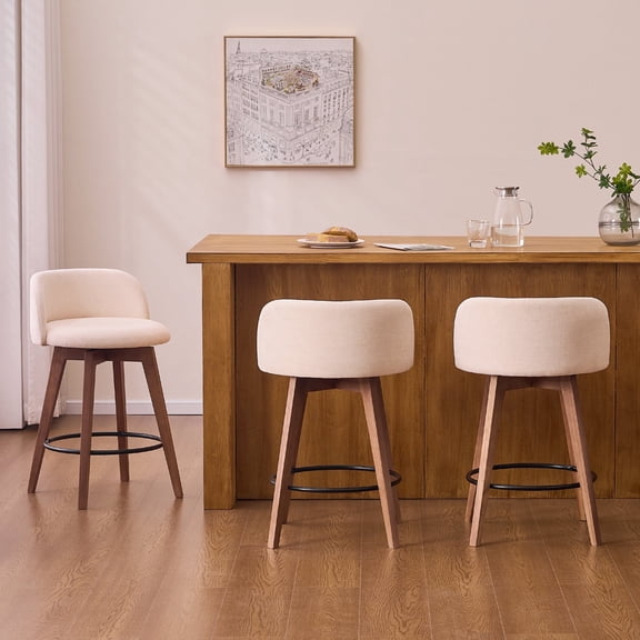 EYYTHUNG 26" Counter Height Bar Stools Set of 3 Mid Century Modern Farmhouse Swivel Barstools Chenille Fabric Upholstered Bar Height Island Chairs with Curved Backrest, Brown/Beige
