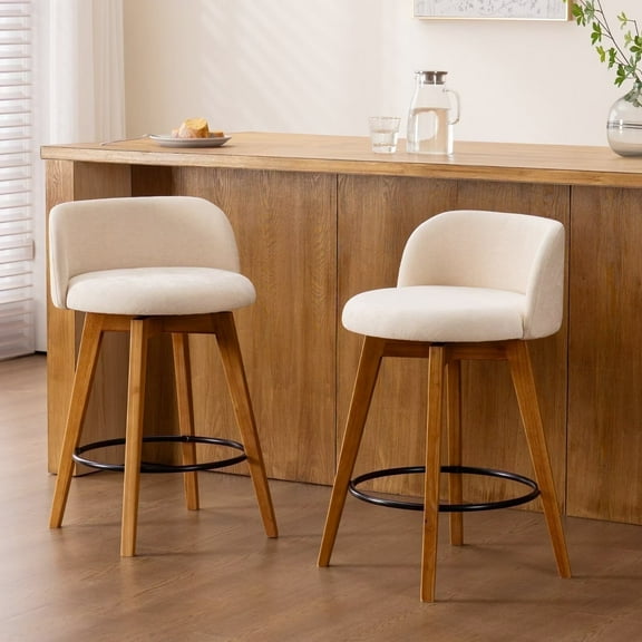 EYYTHUNG Adult Low Back Swivel Bar Stools Swivel Barstools Chenille Fabric Upholstered Set of 2, Beige