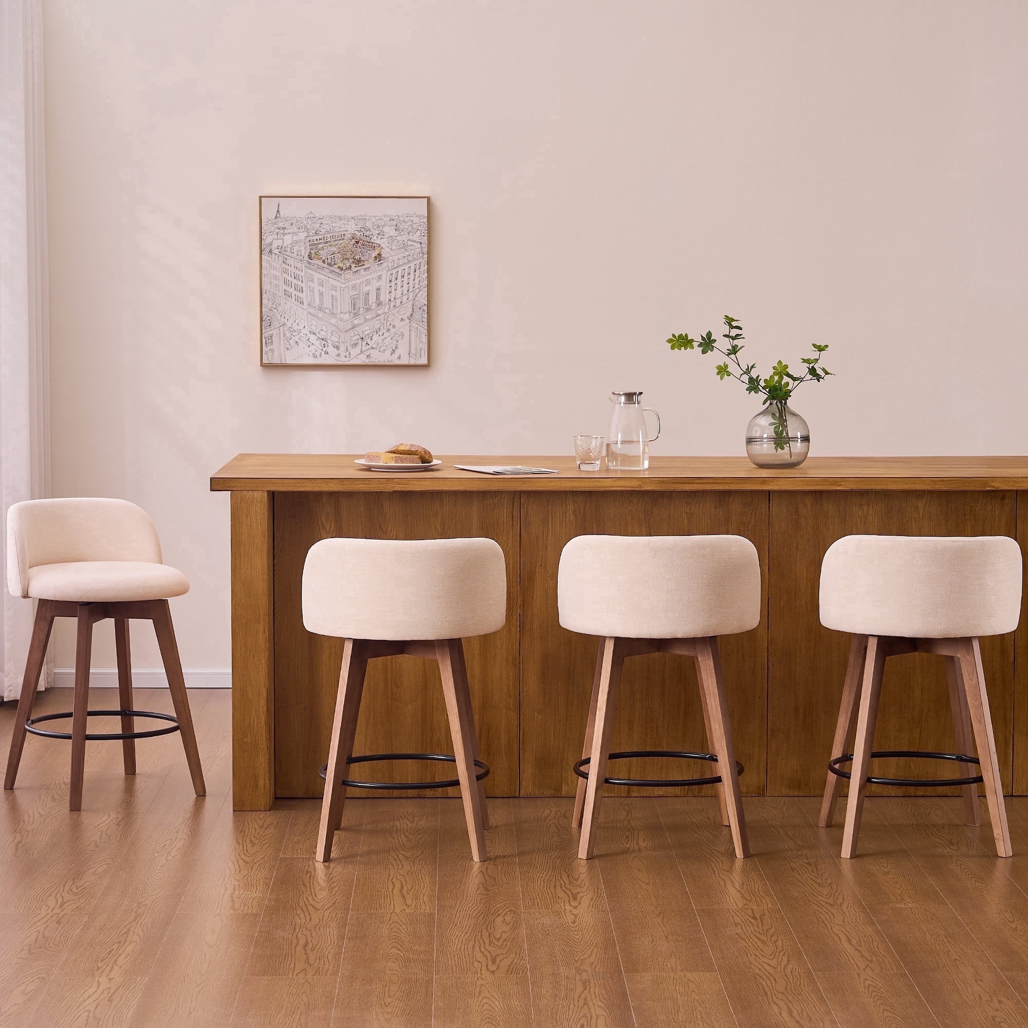 EYYTHUNG 26" Counter Height Bar Stools Set of 4 Mid Century Modern Farmhouse Swivel Barstools Chenille Fabric Upholstered, Brown/Beige