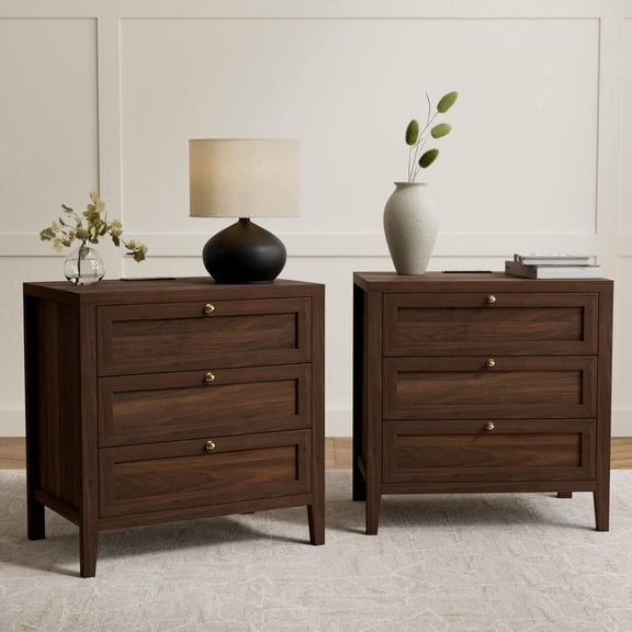EYYTHUNG 3 Drawer Nightstand Set of 2, Farmhouse Large Bedside End Table with Charging Station, Mid Century Wood Night Stand, Brown
