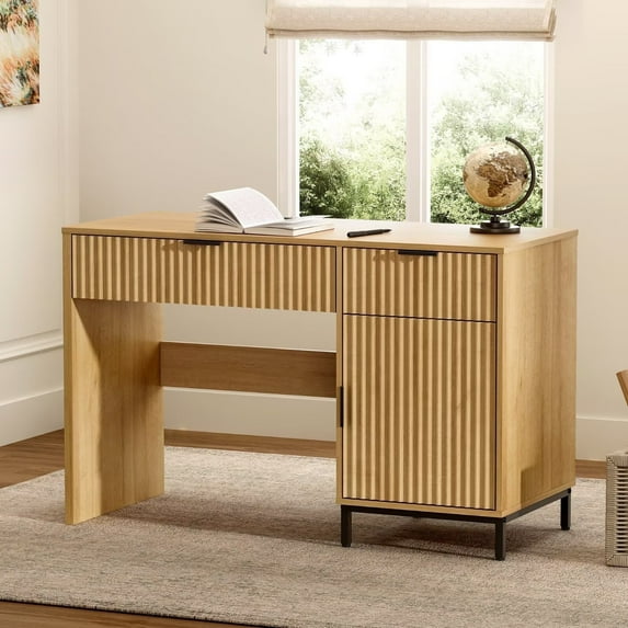 EYYTHUNG 47" Fluted Executive Desk, Modern Wood Home Office Desk with Charging Station, Drawer & Cabinet, Computer Writing Desk