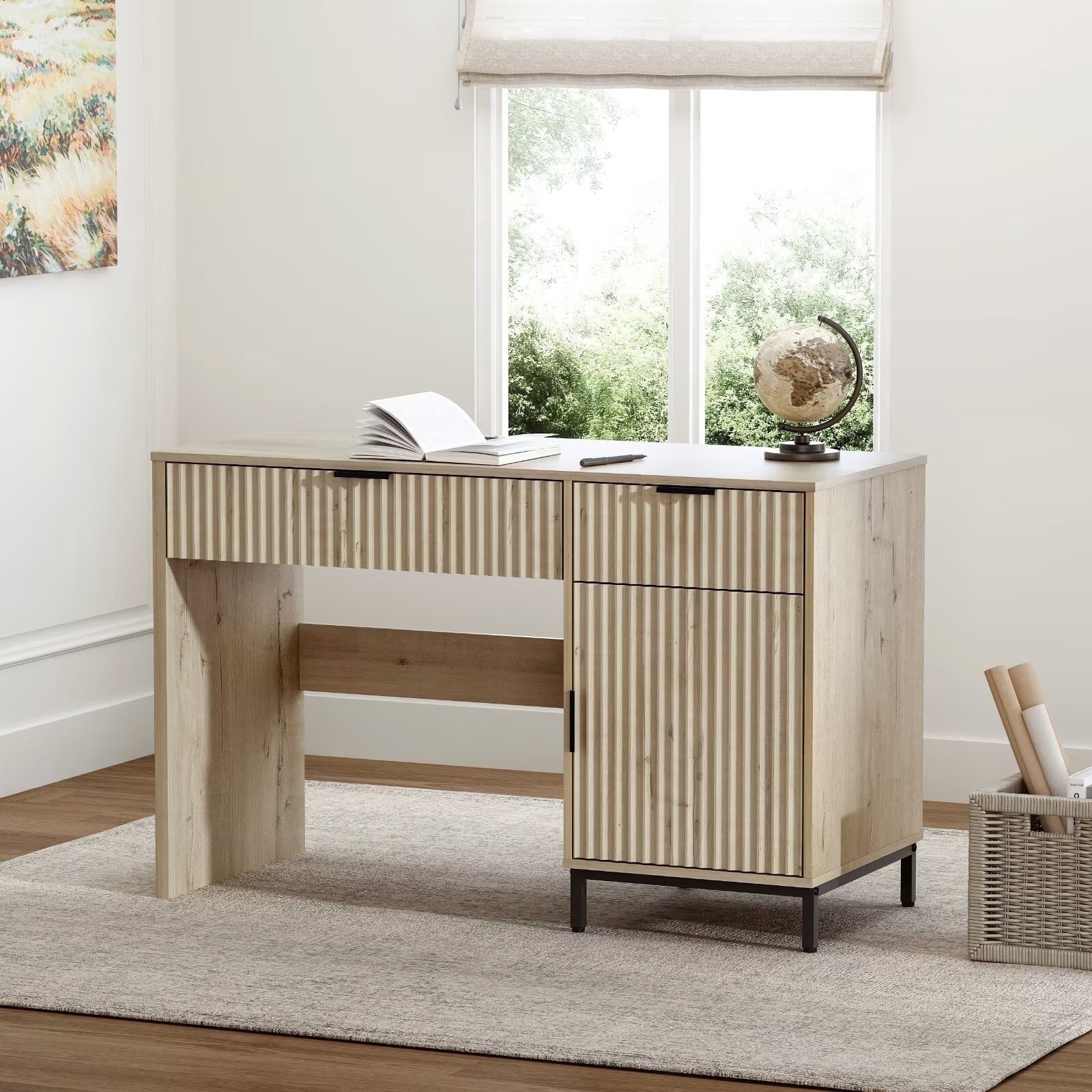 EYYTHUNG 47" Fluted Executive Desk, Modern Wood Home Office Desk with Charging Station, Drawer & Cabinet, Computer Writing Desk