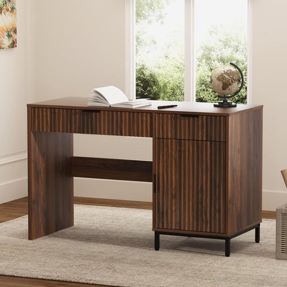 EYYTHUNG 47" Fluted Executive Desk, Modern Wood Home Office Desk with Charging Station, Drawer & Cabinet, Computer Writing Desk
