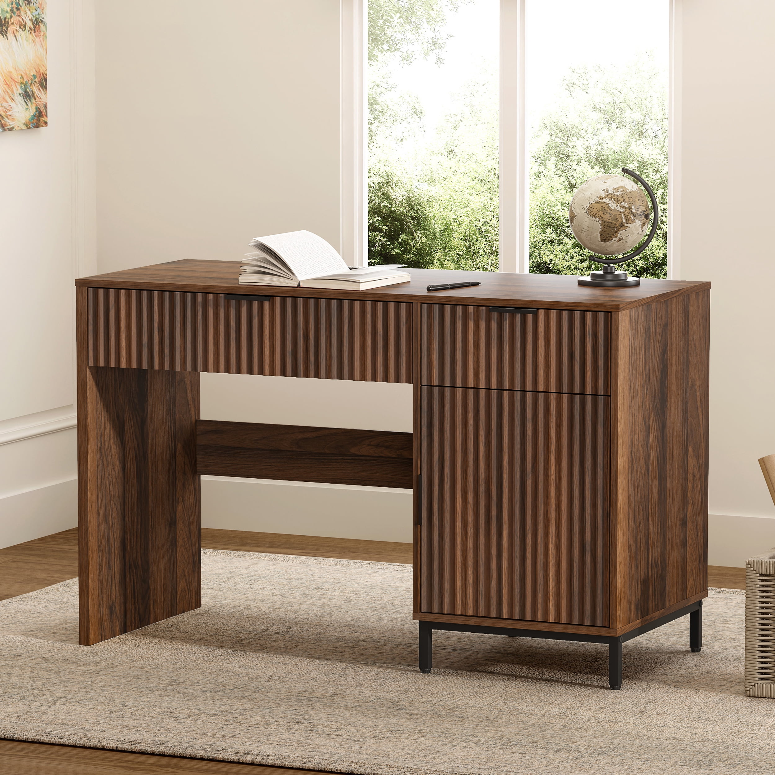 EYYTHUNG 47" Fluted Executive Desk, Modern Wood Home Office Desk with Charging Station, Drawer & Cabinet, Computer Writing Desk