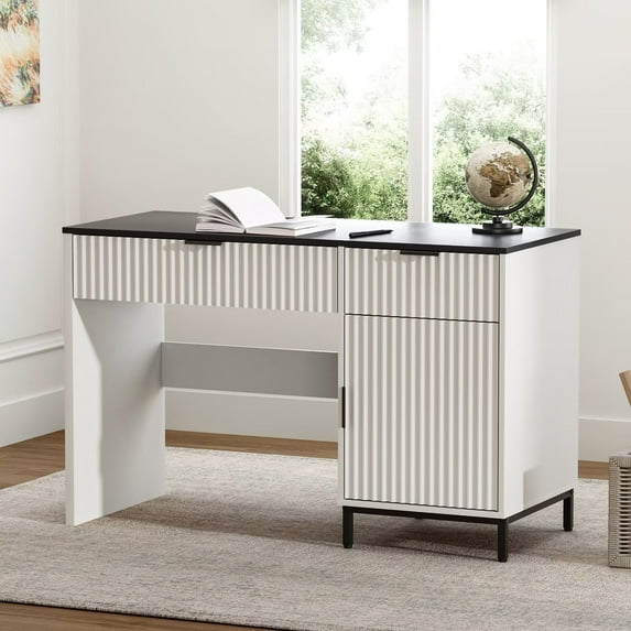 EYYTHUNG 47" Fluted Executive Desk, White Modern Wood Home Office Desk with Charging Station, Drawer & Cabinet, Computer Writing Desk