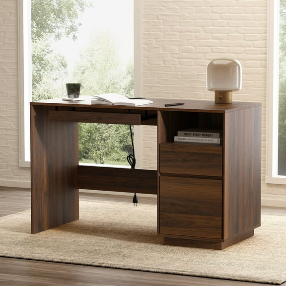EYYTHUNG 47" Office Desk, Farmhouse Executive Desk with File Drawer & Outlet, Wood Computer Desks with Keyboard Tray, Brown