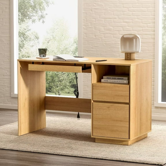 EYYTHUNG 47" Office Desk, Farmhouse Executive Desk with File Drawer & Outlet, Wood Computer Desks with Keyboard Tray, Natural Oak