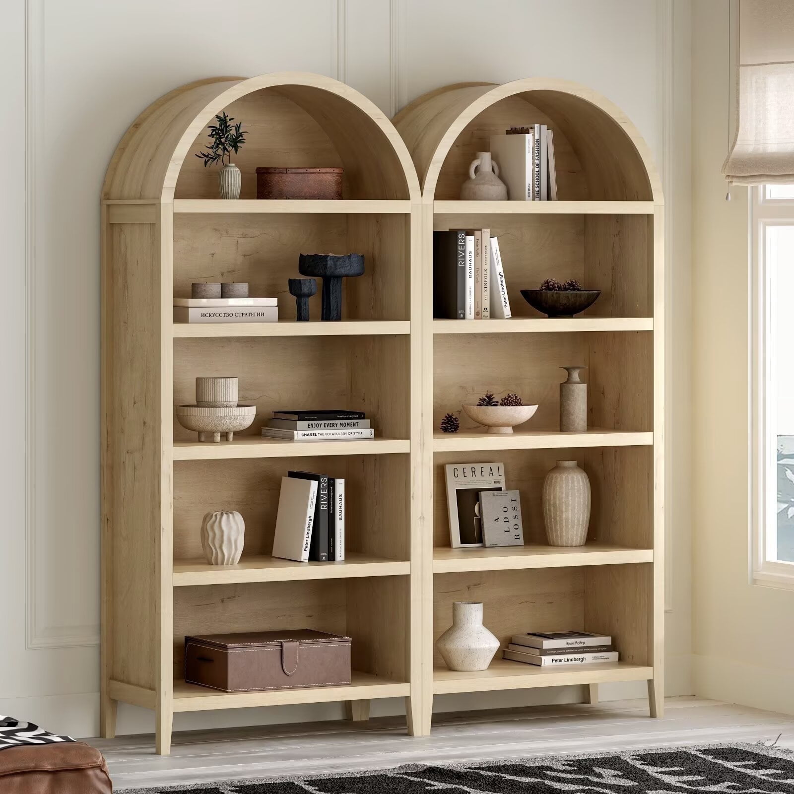 EYYTHUNG 5 Tier Arched Bookshelf Set of 2, 71" Tall Bookcase with Adjustable Shelves Wooden Storage & Display Cabinet, Freestanding Kitchen Pantry Organizer