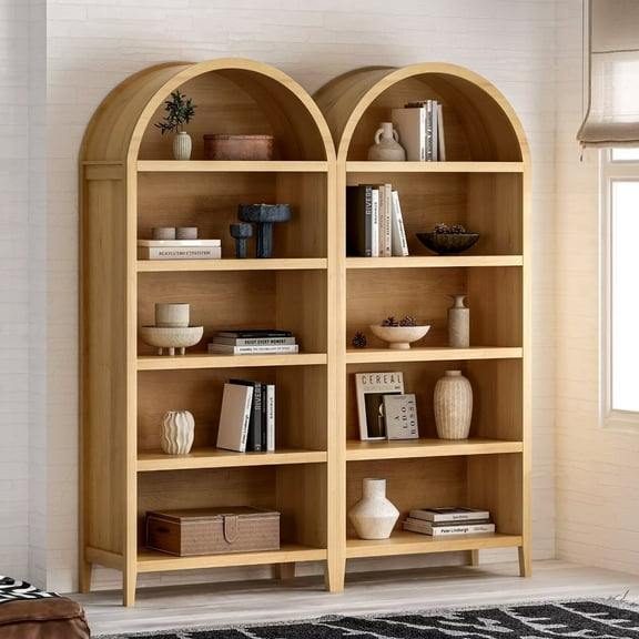 EYYTHUNG 5 Tier Arched Bookshelf Set of 2, 71" Tall Bookcase with Adjustable Shelves Wooden Storage & Display Cabinet, Freestanding Kitchen Pantry Organizer