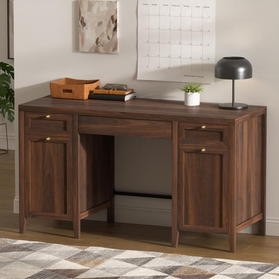 EYYTHUNG 52" Large Executive Desk with Drawers, Farmhouse Wooden Home Office Desk with Storage Cabinet, Modern Computer Writing Desk for Work Study, Workspace, Brown