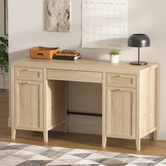 EYYTHUNG 52" Large Executive Desk with Drawers, Farmhouse Wooden Home Office Desk with Storage Cabinet, Modern Computer Writing Desk for Work Study, Workspace, Light Oak